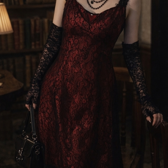 Y2K Dresses & Skirts - Y2K Lace And Satin Witchy Whimsigoth Red And Black Midi Dress